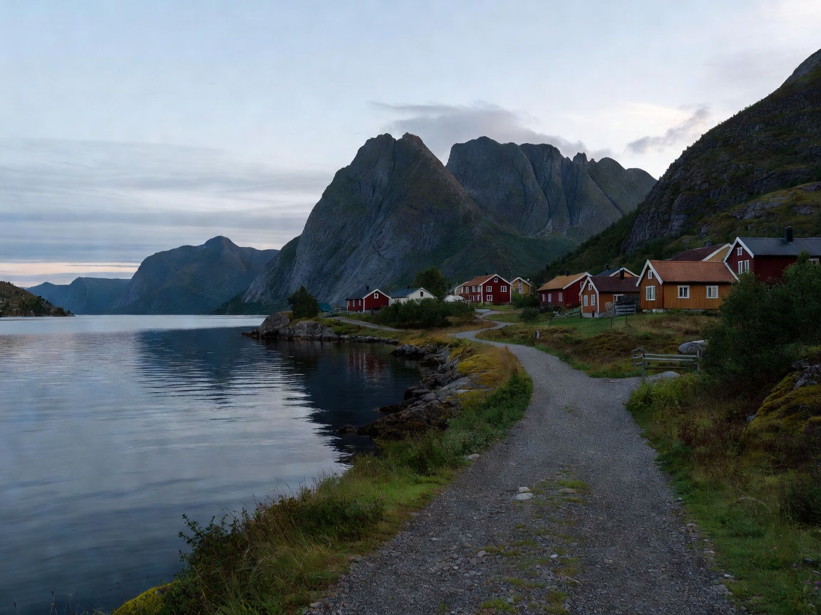 A quiet path beside a fjord village with shadowed mountains beyond, suitable for a low-effort recovery walk