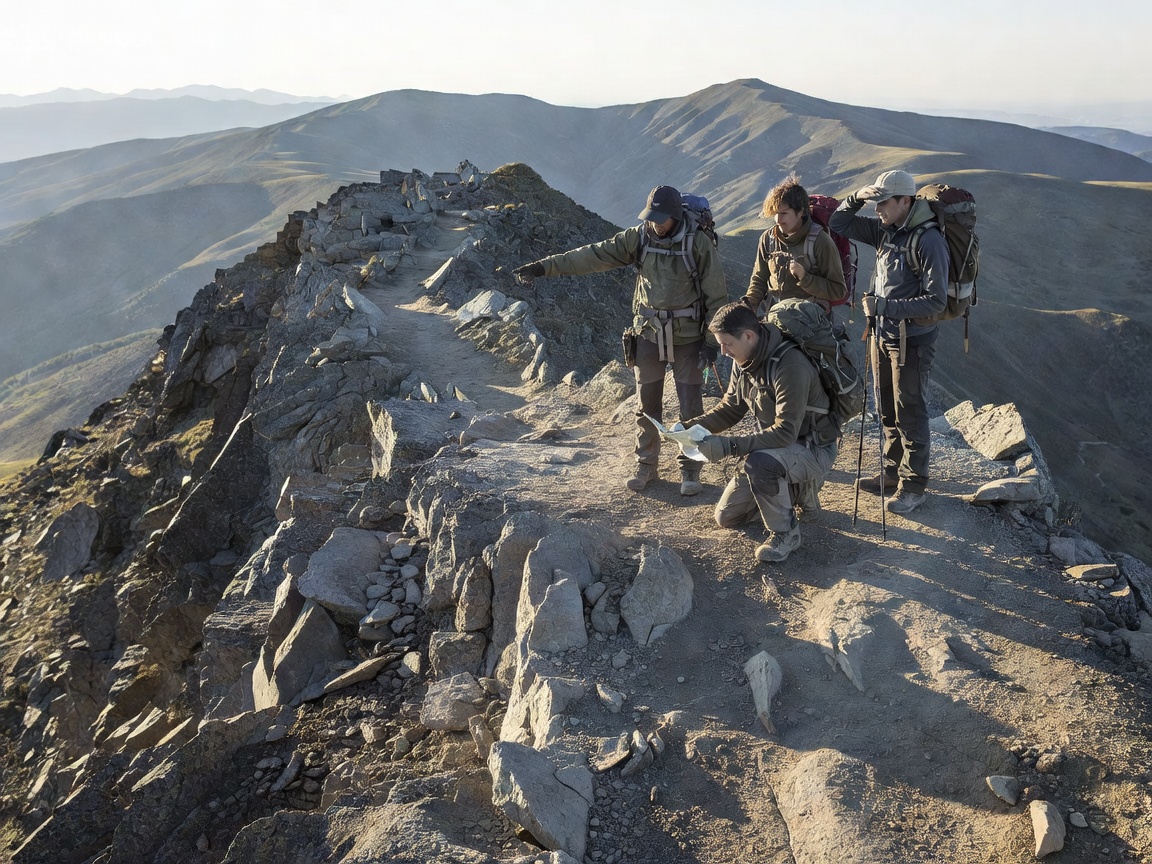 Hikers standing well back from a rocky ridge while examining the route ahead