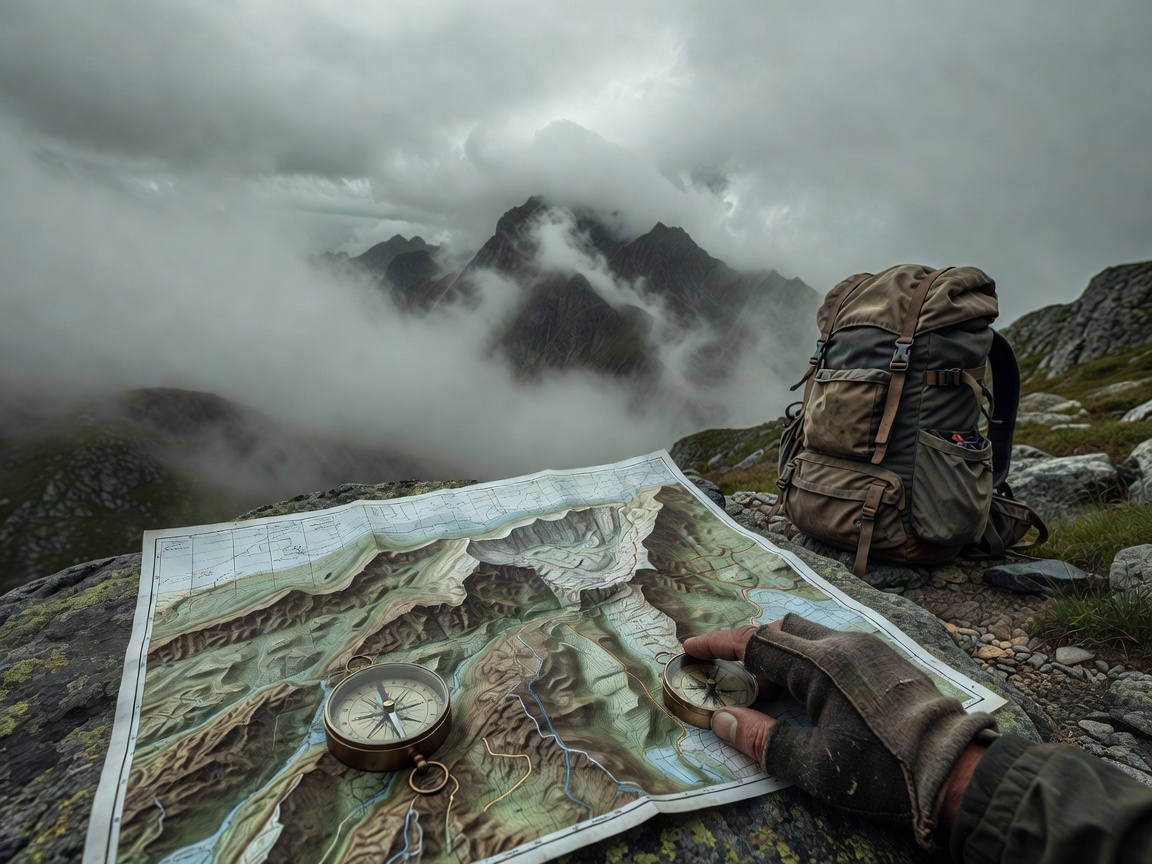 A folded topographic map and compass being checked beside a packed rucksack in cloudy mountain conditions