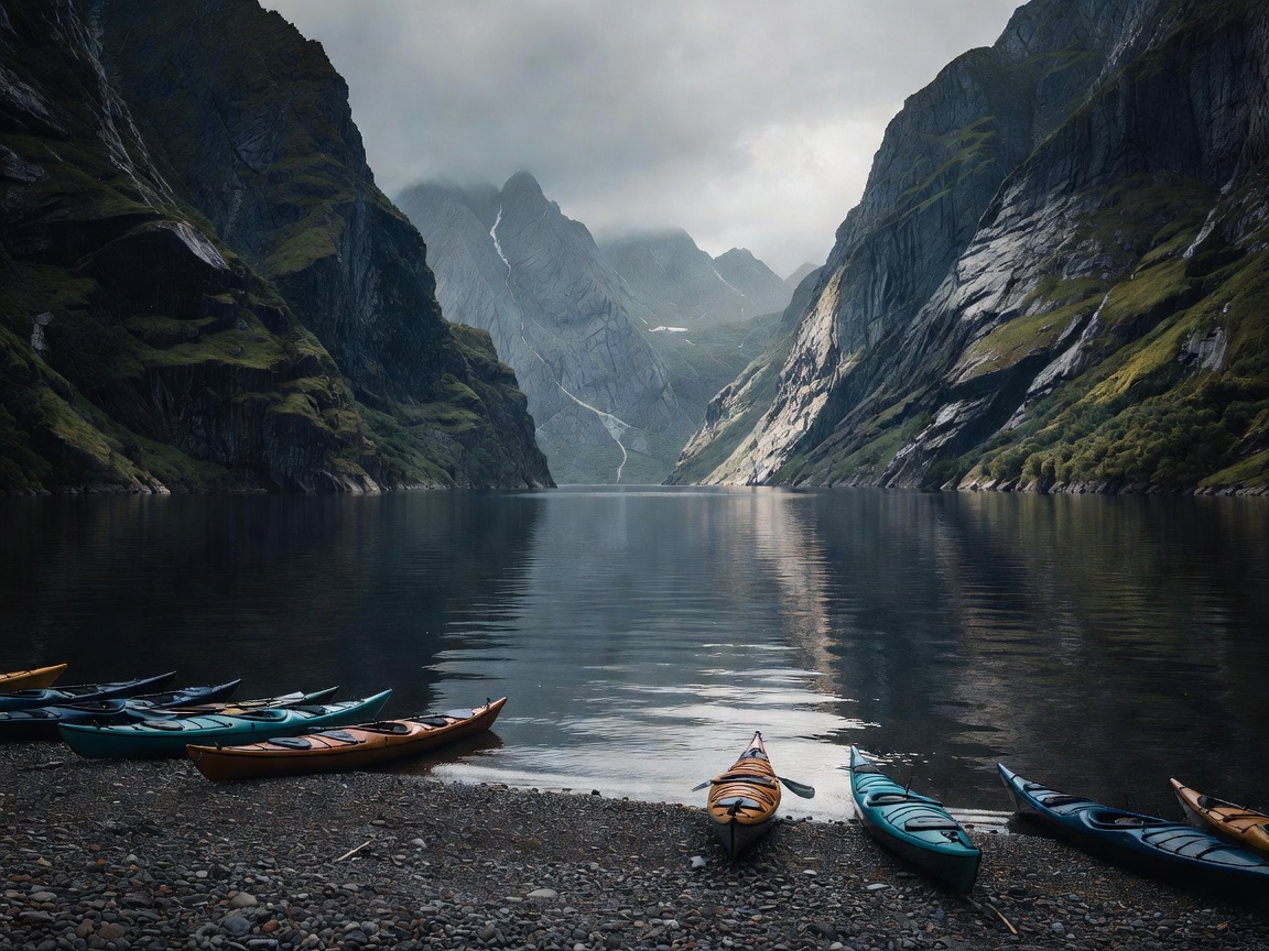 Sea kayaks at a sheltered pebble launch beneath steep, shadowed fjord mountains